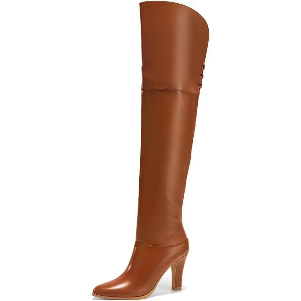 Womens Brown Synthetic Thigh High Pointed Toe Chunky Heel Over the Knee Boots